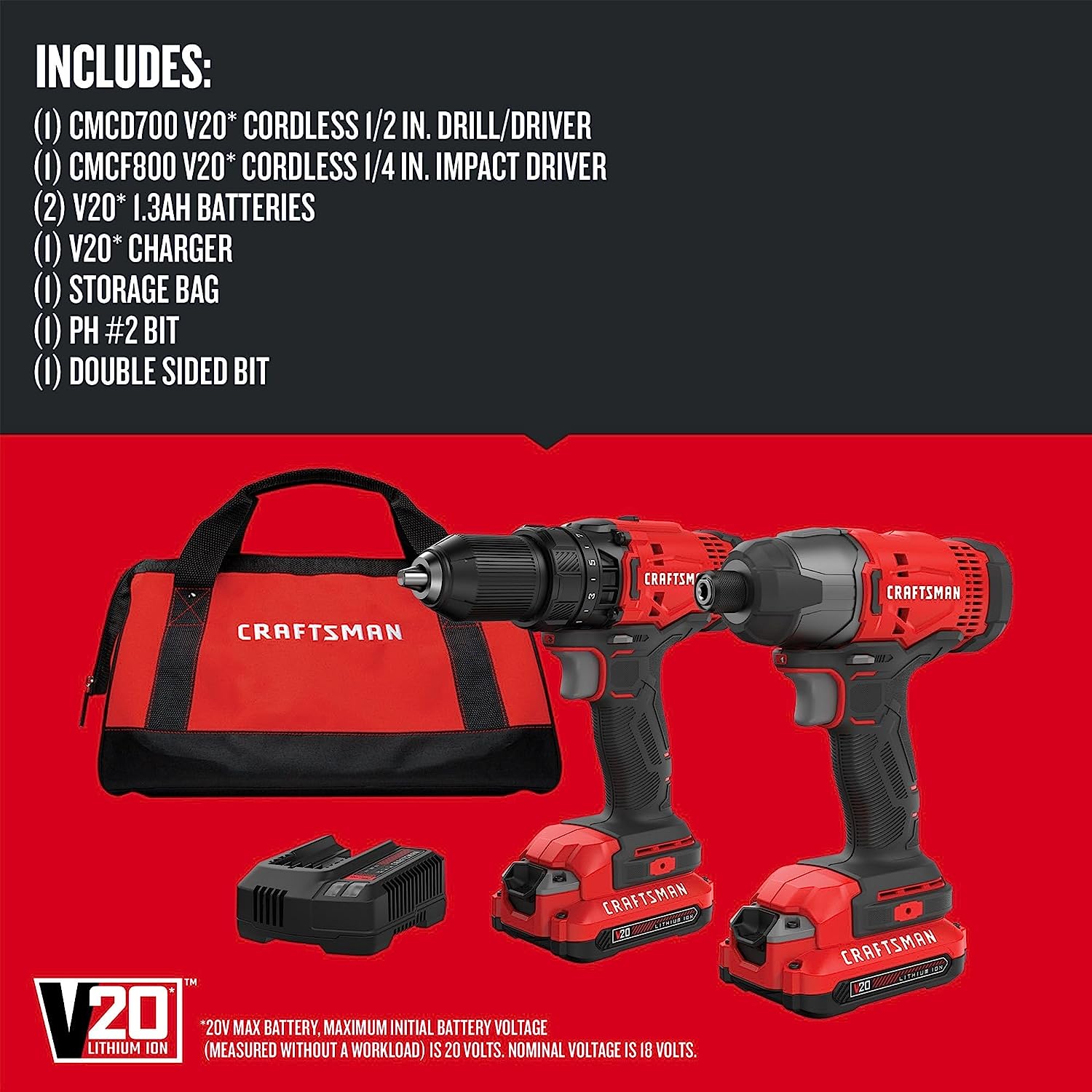 CRAFTSMAN Kit de Herramientas 20V Inalambricas con Taladro Atornillador y Atornilladro de Impacto con 2 Baterías CMCK200C2