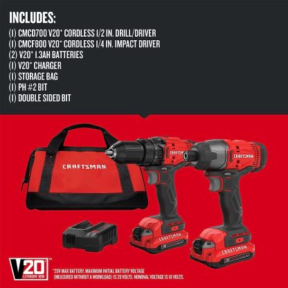 CRAFTSMAN Kit de Herramientas 20V Inalambricas con Taladro Atornillador y Atornilladro de Impacto con 2 Baterías CMCK200C2