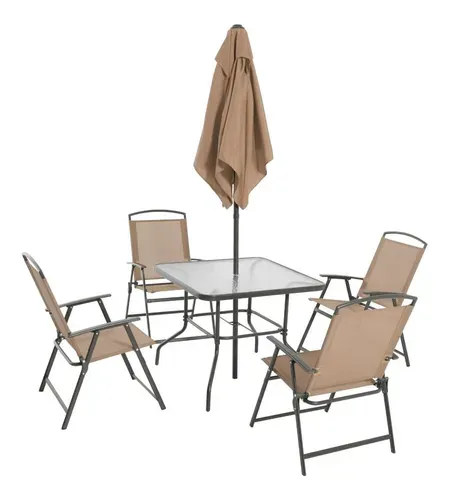 Mesa/sillas De Jardin, Vidrio Templado Con Sombrilla, Beige