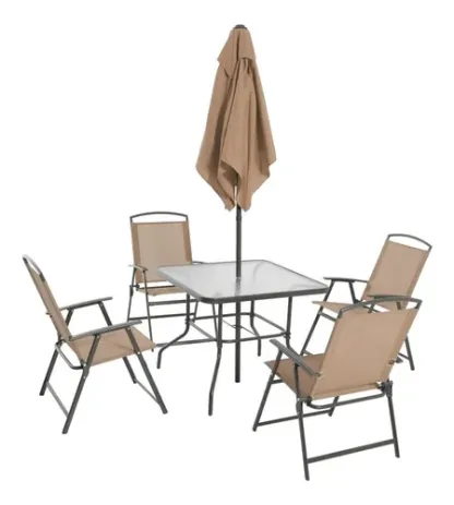 Mesa/sillas De Jardin, Vidrio Templado Con Sombrilla, Beige