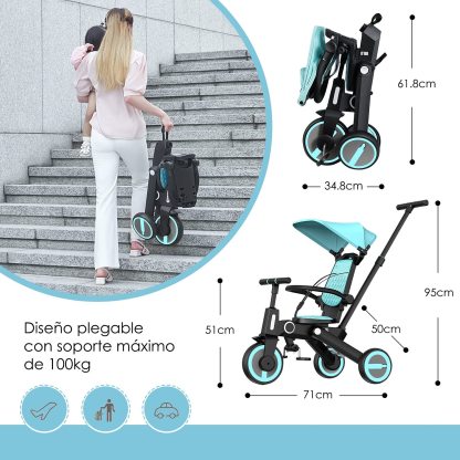 Triciclo de bebé 4 en 1, Bici polivalente, cochecito de dirección plegable, bicicleta de aprendizaje con barandilla desmontable, con toldo ajustable, arnés de seguridad, pedales plegable, freno, asa de empuje para padres, diseño de absorción de impactos,