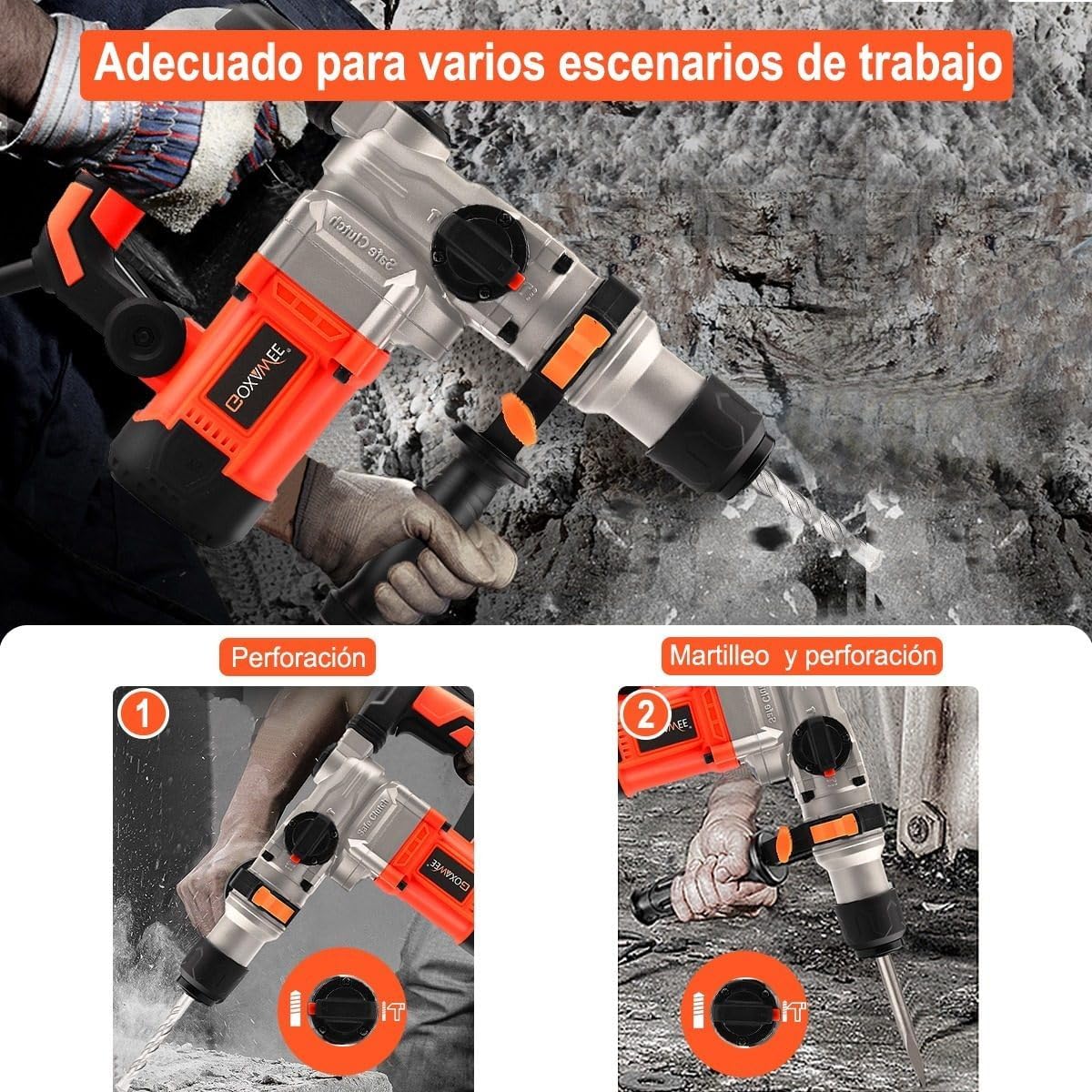 GOXAWEE Kit De 1600W Rotomartillo Cincelador Perforador, 1050RPM, SDS-Plus Con Maletín De Transporte, Taladro de martillo giratorio para Martillar Hormigón, Cavidades de Paredes