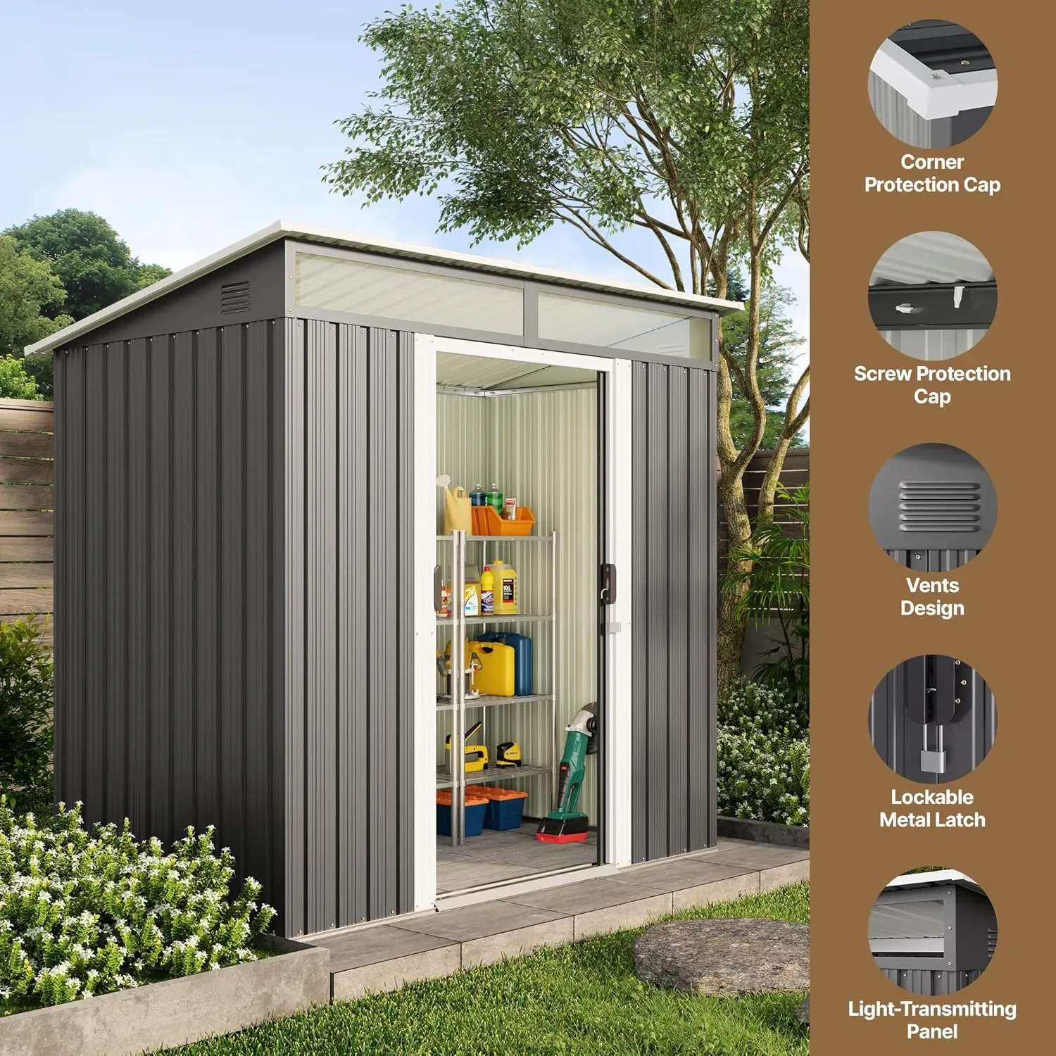 Gizoon - Cobertizo de almacenamiento para exteriores de metal de 6 x 4 pies, cobertizo de jardín con puertas correderas con cerradura, versátil cobertizo para bicicletas con ventanas de panel