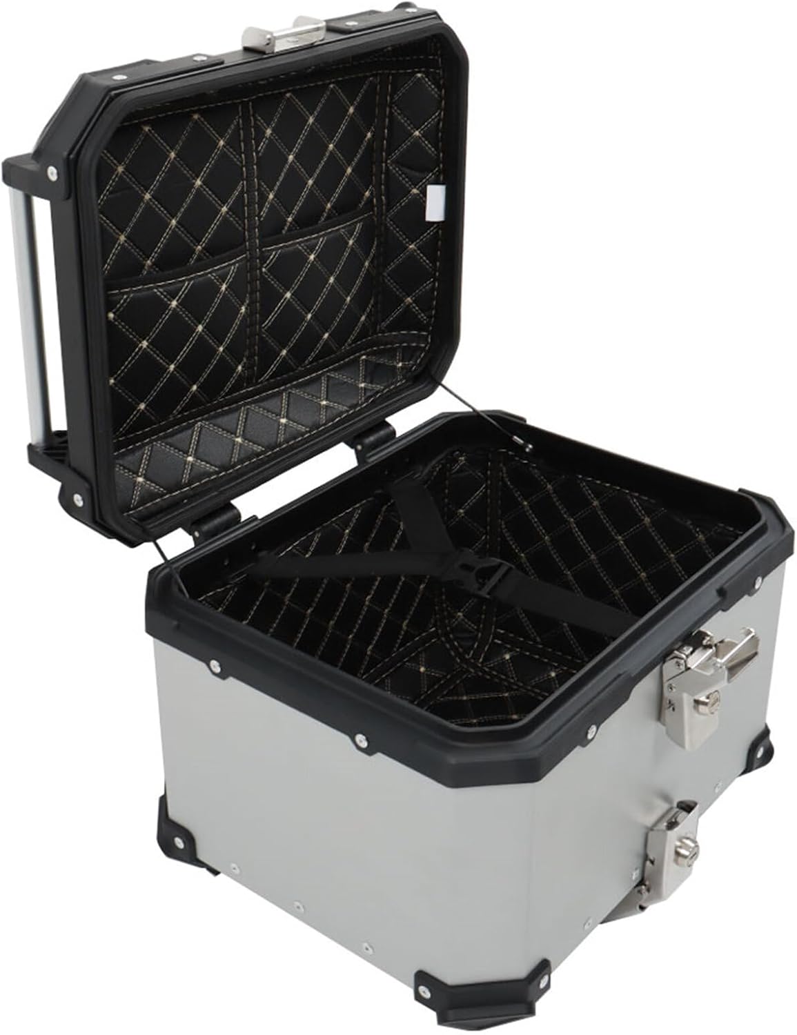 Labwork - Caja trasera para motocicleta de 45 l, con placa de montaje, aleación de aluminio dura, cierre de seguridad contra robo, metal plateado, caja trasera para maletero