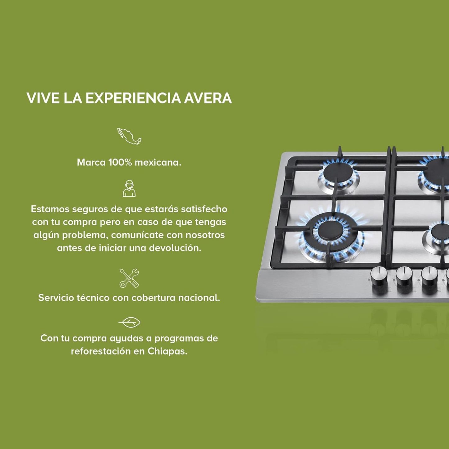 AVERA Parrilla de Gas 6 Quemadores 86cm, Acero Inoxidable Color Negro, Empotrable, Soportes de Hierro Fundido, Encendido Electronico, Estufa Empotrable, Compatible con Gas LP y Gas Natural, AI6N