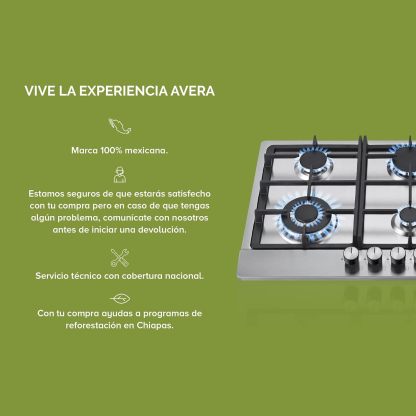 AVERA Parrilla de Gas 6 Quemadores 86cm, Acero Inoxidable Color Negro, Empotrable, Soportes de Hierro Fundido, Encendido Electronico, Estufa Empotrable, Compatible con Gas LP y Gas Natural, AI6N
