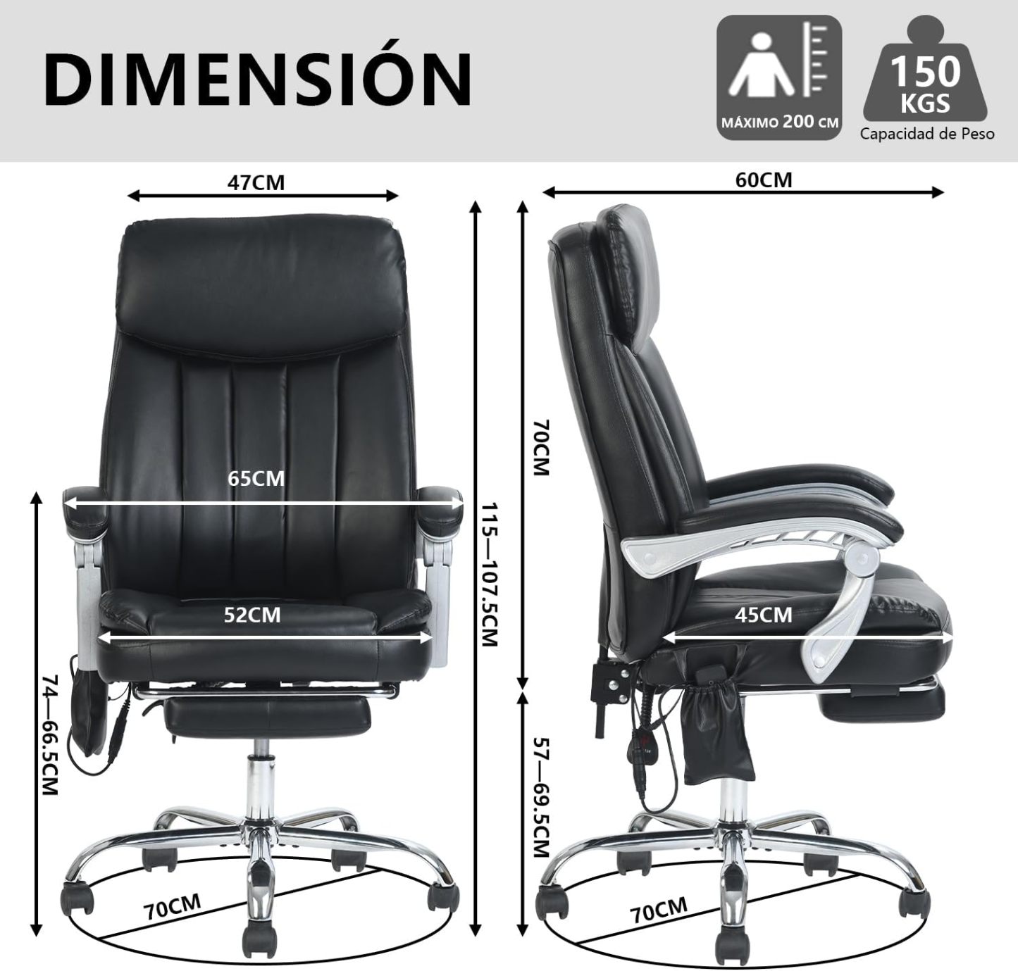 Silla Oficina Masaje con Respaldo Alto y 6 Puntos Masaje, Silla Escritorio Ejecutiva Ergonómica con Reposapiés y Apoyabrazos, Altura del Asiento Ajustable, Negro