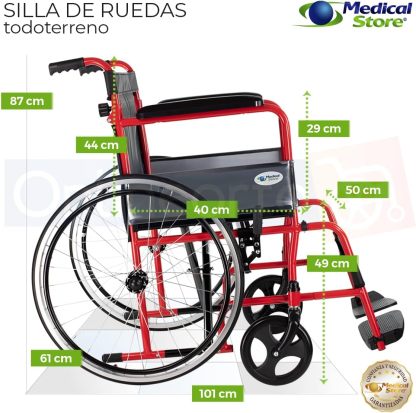 MEDICAL STORE Silla de Ruedas, Modelo 809F, Acero Resistente, Descansapies Desmontables, Descansabrazos Fijos Rectos, Asiento y Respaldo de Vinil Alta Resistencia. (ROJO)