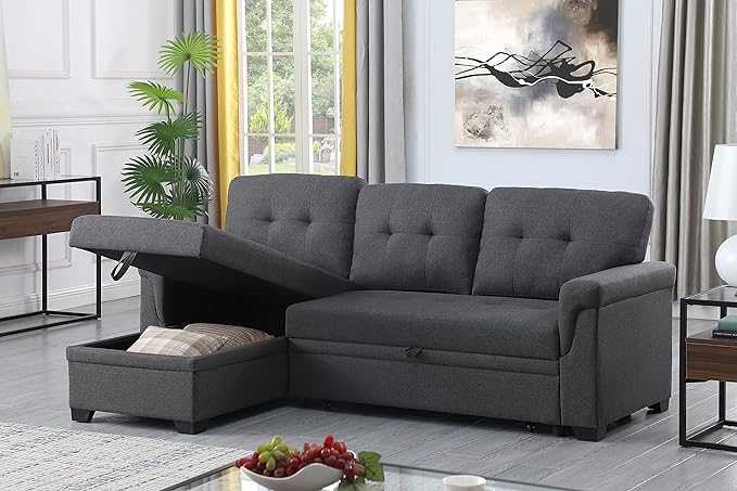 Lilola Home Lucca Sofá seccional Reversible, sillón de Almacenamiento, Cama extraíble, salón en Forma de L, Gris Acero, Lino