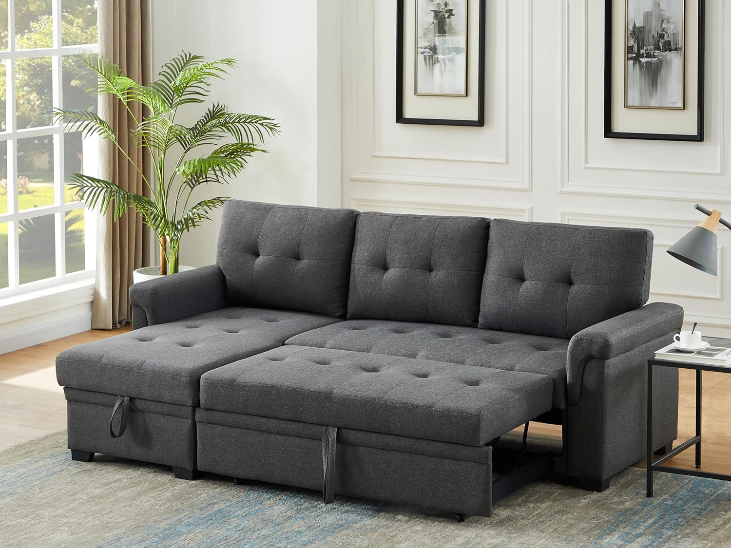 Lilola Home Lucca - Sofá seccional Reversible de Lino Gris Claro con diván de Almacenamiento
