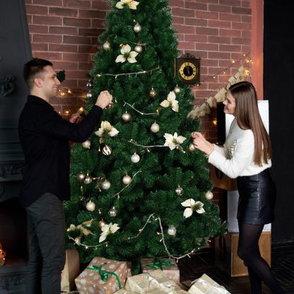 KTKDE Árbol de Navidad artificial de abeto de 7 pies, árbol de Navidad verde realista con 1.450 puntas de árbol, 300 postes de luz LED alimentados por pilas, pentáculo dorado de 7.8 pulgadas, perfecto