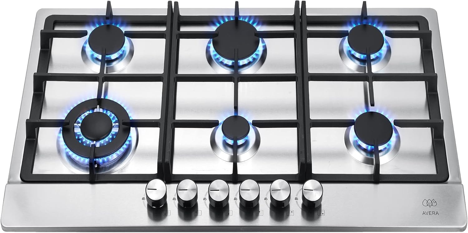 AVERA Parrilla de Gas 6 Quemadores 86cm, Acero Inoxidable Color Negro, Empotrable, Soportes de Hierro Fundido, Encendido Electronico, Estufa Empotrable, Compatible con Gas LP y Gas Natural, AI6N