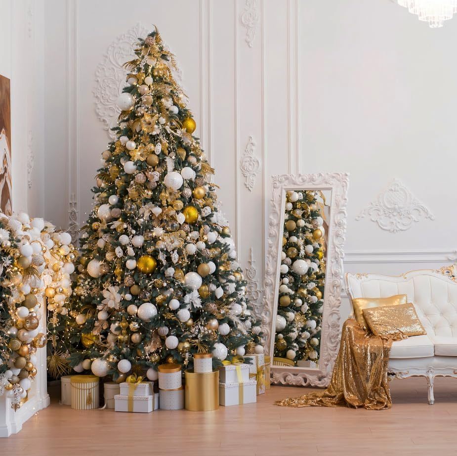 KTKDE Árbol de Navidad artificial de abeto de 7 pies, árbol de Navidad verde realista con 1.450 puntas de árbol, 300 postes de luz LED alimentados por pilas, pentáculo dorado de 7.8 pulgadas, perfecto