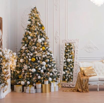 KTKDE Árbol de Navidad artificial de abeto de 7 pies, árbol de Navidad verde realista con 1.450 puntas de árbol, 300 postes de luz LED alimentados por pilas, pentáculo dorado de 7.8 pulgadas, perfecto