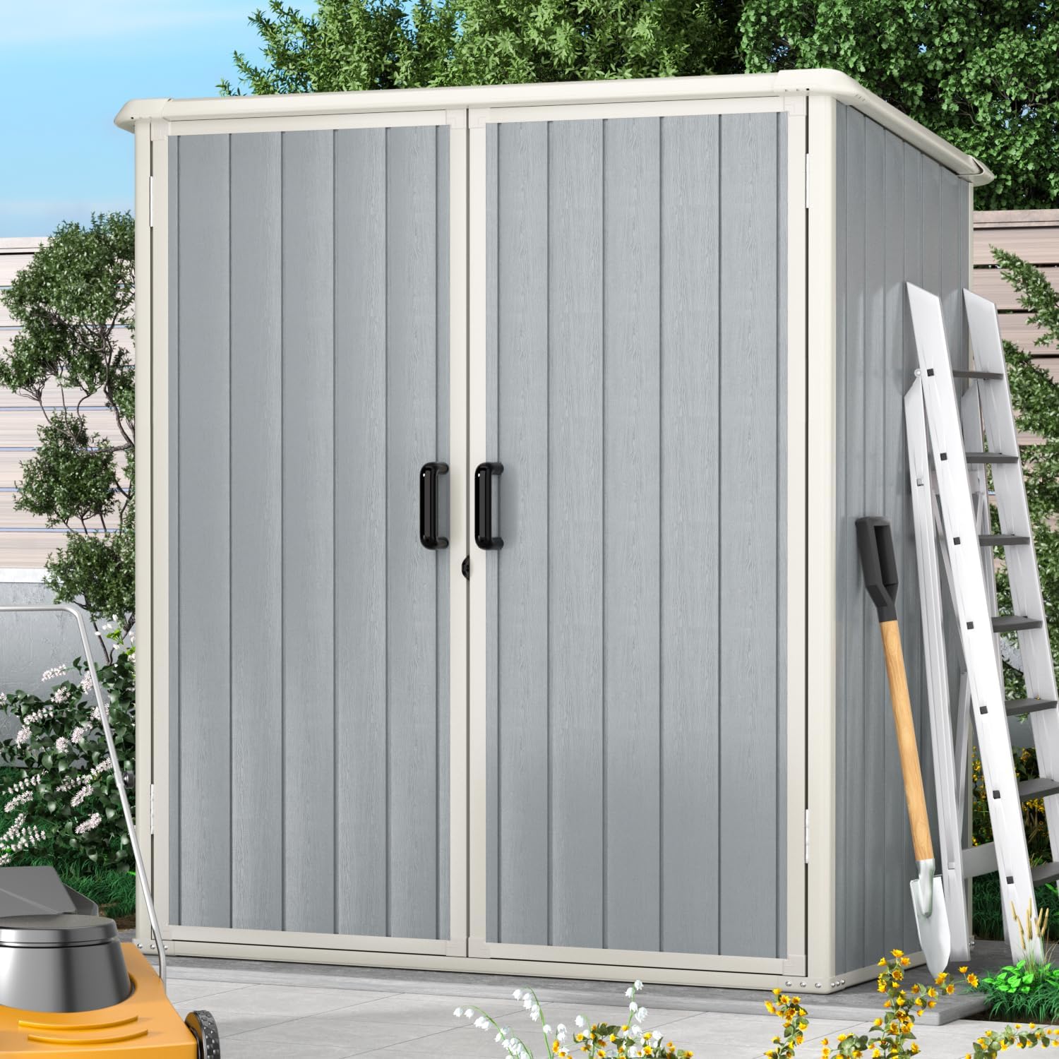 Aoxun - Cobertizo de almacenamiento para exteriores de 5 x 3 pies, cobertizo de resina con piso y puerta con cerradura, cobertizos de plástico para bote de basura, herramienta, accesorios, césped