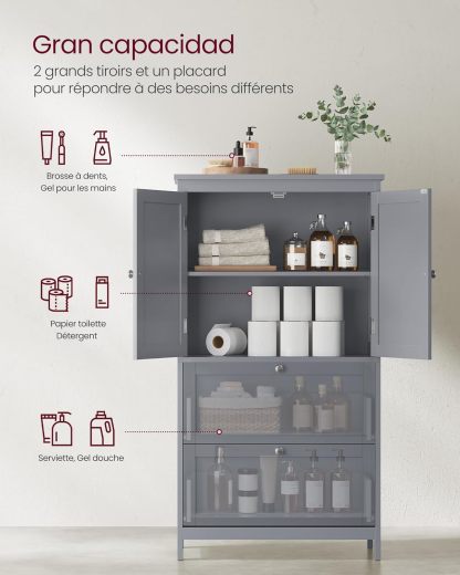 VASAGLE Mueble de Baño, Armario de Baño, Armario de Cocina, con 2 Puertas y 2 Cajones, Estantes Ajustables, 30 x 60 x 110 cm, Gris Paloma MBBC551G02