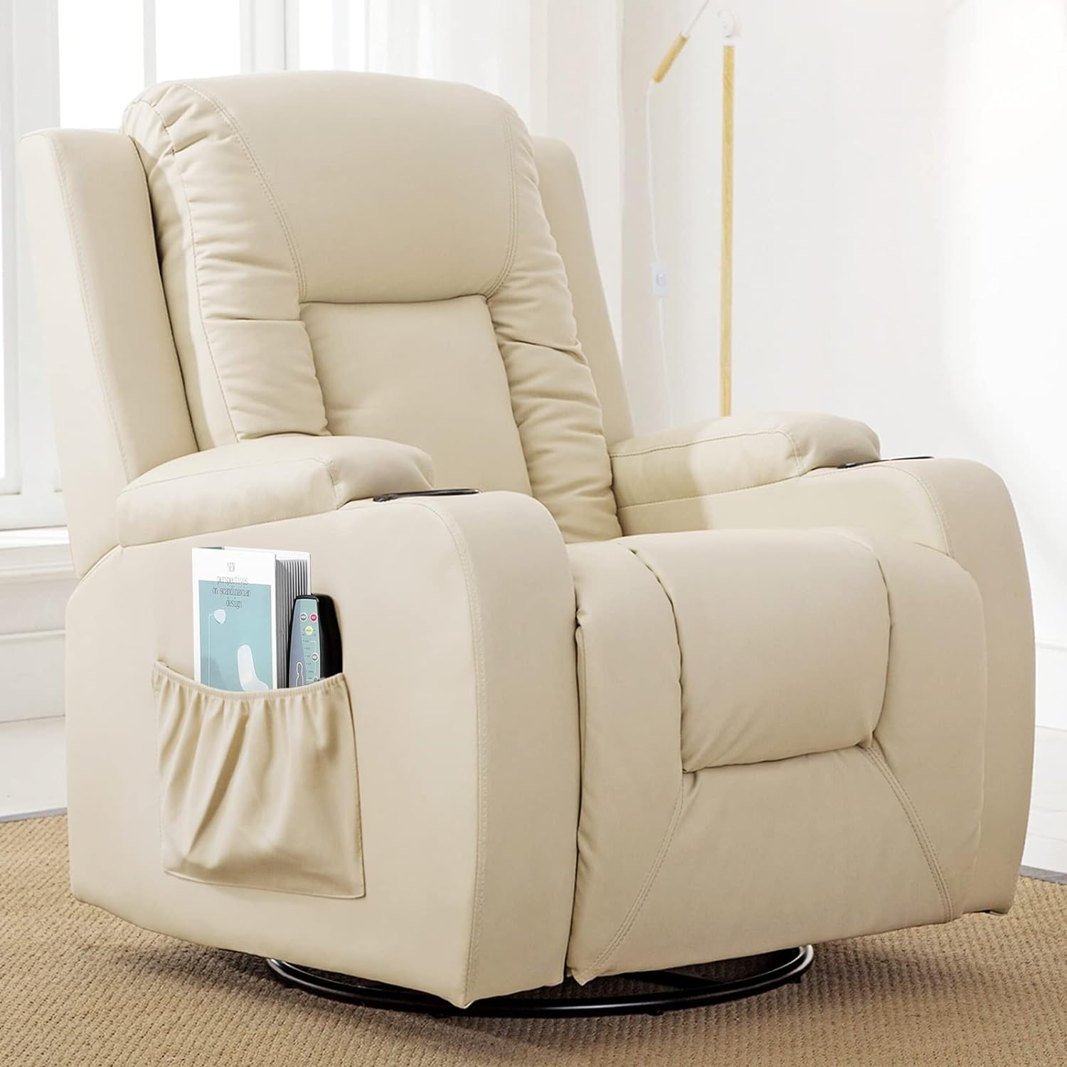 COMHOMA - Silla reclinable giratoria, mecedora de poliuretano para adultos, con masaje y calor, portavasos, bolsillos laterales, para sala de estar y recámara