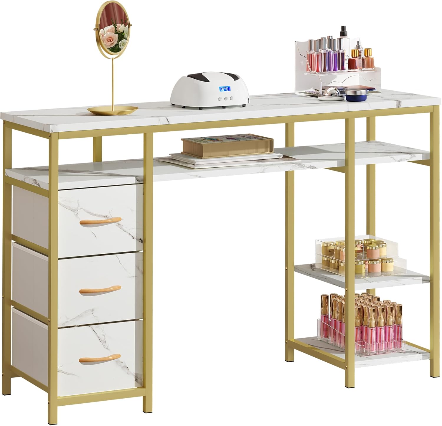 DWVO - Mesa de manicura para uñas, computadora de manicura con Textura marmolada con 3 cajones, estación de Mesa de uñas Resistente a la acetona para salón de Belleza, SPA (Blanco)