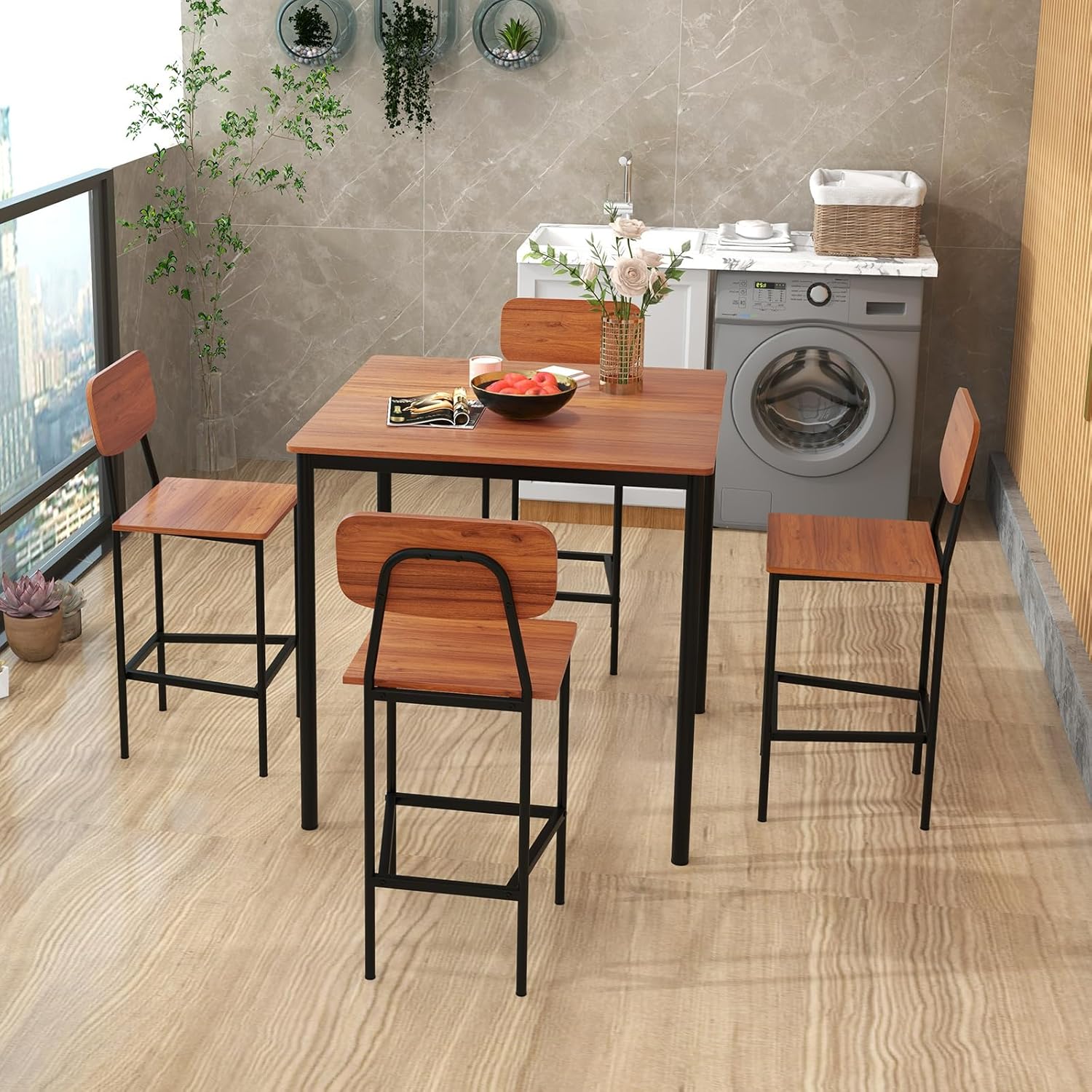 Juego de mesa de comedor de 5 piezas con mesa de altura y 4 taburetes de bar, juego de comedor industrial de cocina con reposapiés y respaldo, juego de comedor que ahorra espacio para pub,