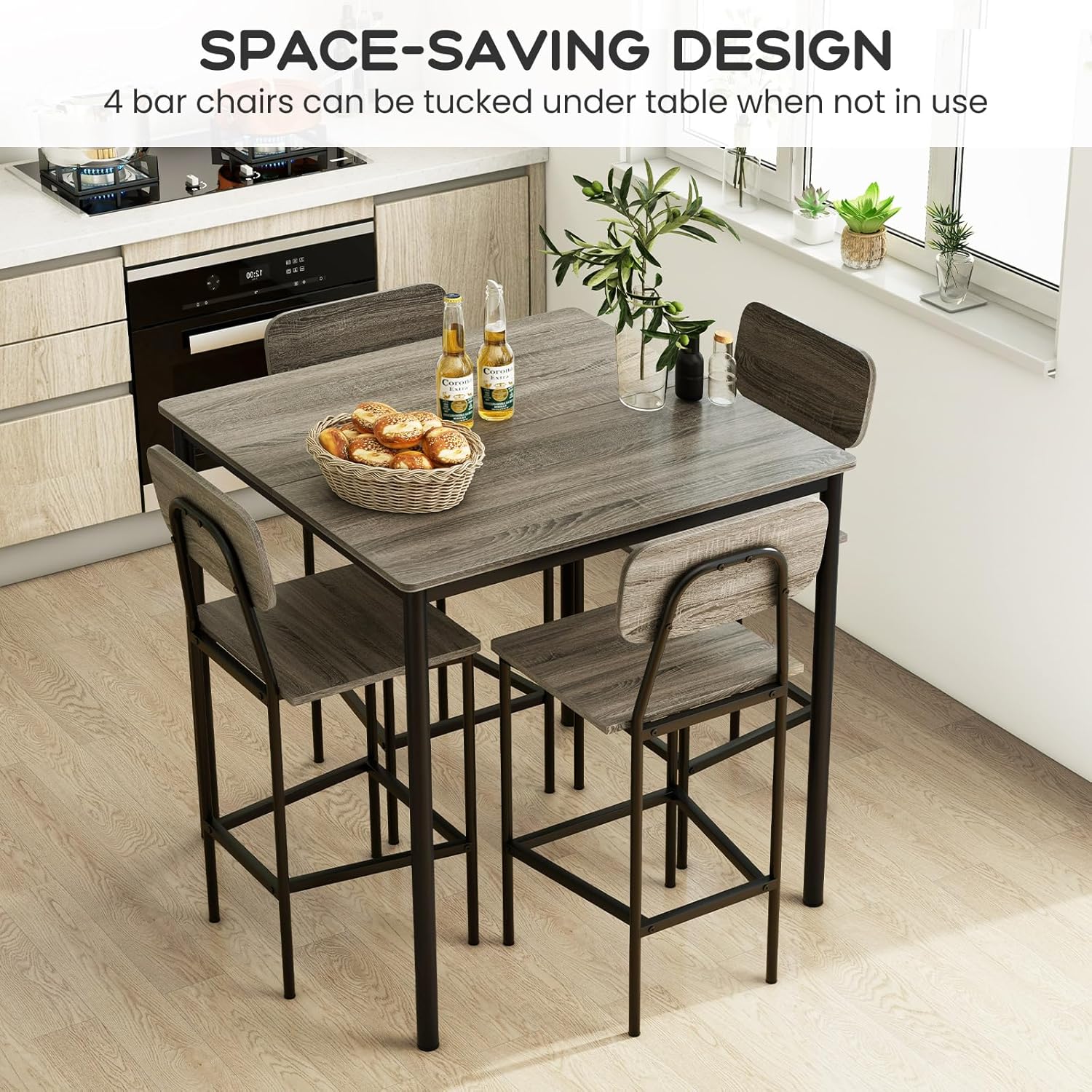 Juego de mesa de comedor de 5 piezas con mesa de altura y 4 taburetes de bar, juego de comedor industrial de cocina con reposapiés y respaldo, juego de comedor que ahorra espacio para pub,