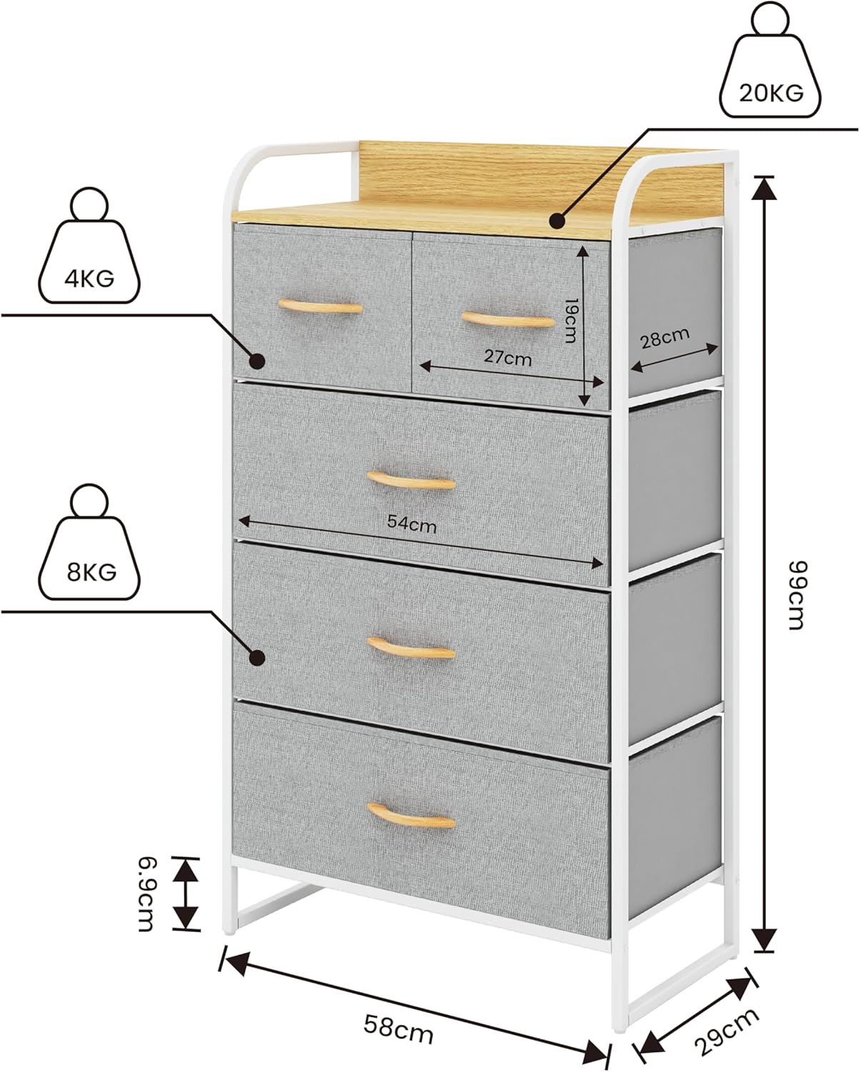 MU:4LIFE Cómoda De 5 Cajones Almacenamiento para Hogar Y Oficina, Organizador Cajonera De Estructura Metal y Cajones De Tela Lino Poliéster y Tela No Tejida (Gris Claro)