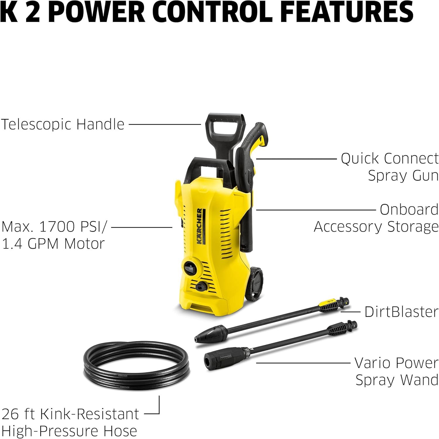 Kärcher K 2 Power Control MAX 2000 PSI Lavadora a presión eléctrica con 2 Varillas de pulverización y Manguera de 26 pies, 1.45 GPM