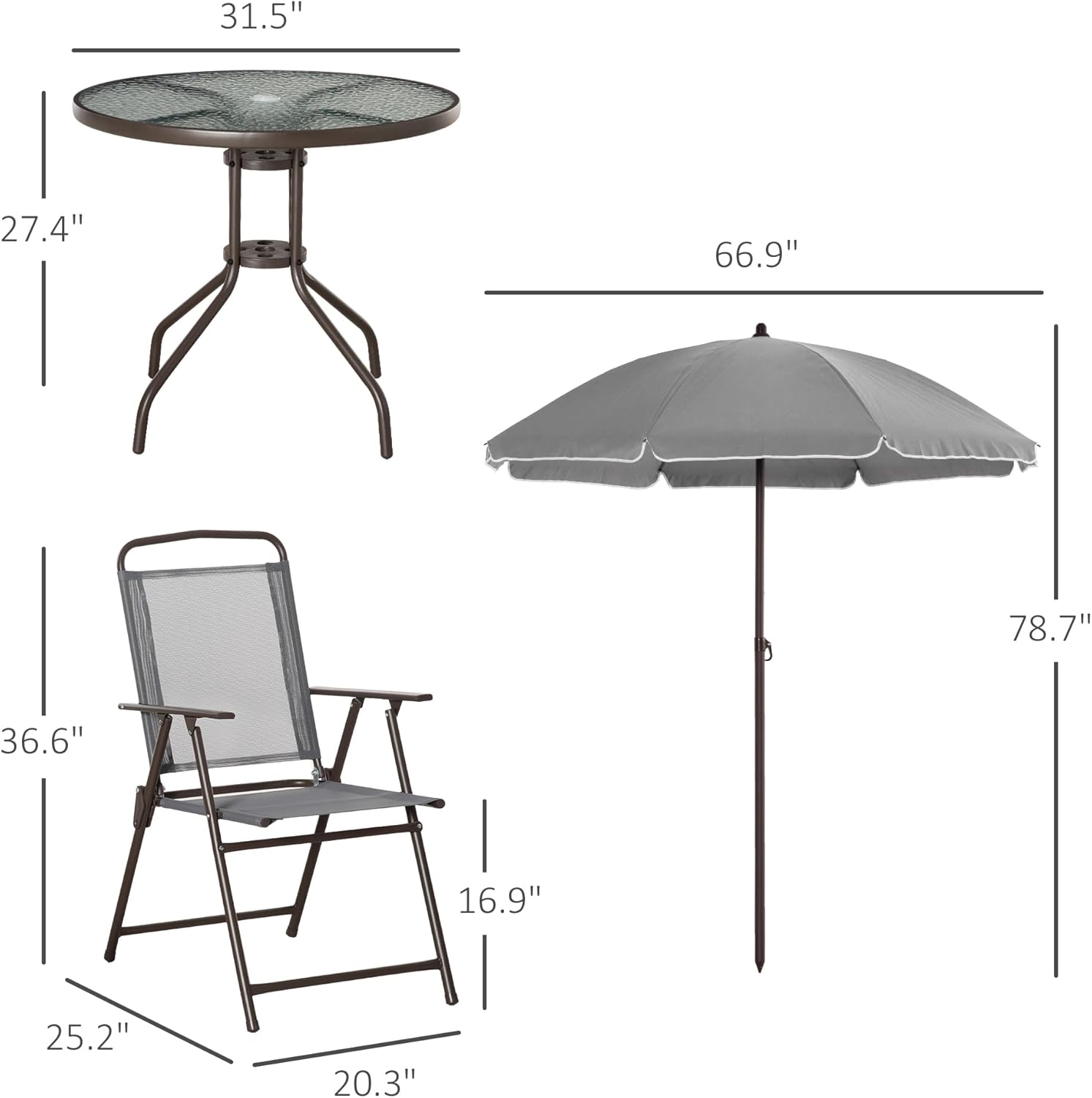 Outsunny - Juego de comedor de 6 piezas para 4 con paraguas, mesa y sillas al aire última intervensión con 4 sillas de comedor plegables y mesa redonda de vidrio para jardín, patio trasero y piscina