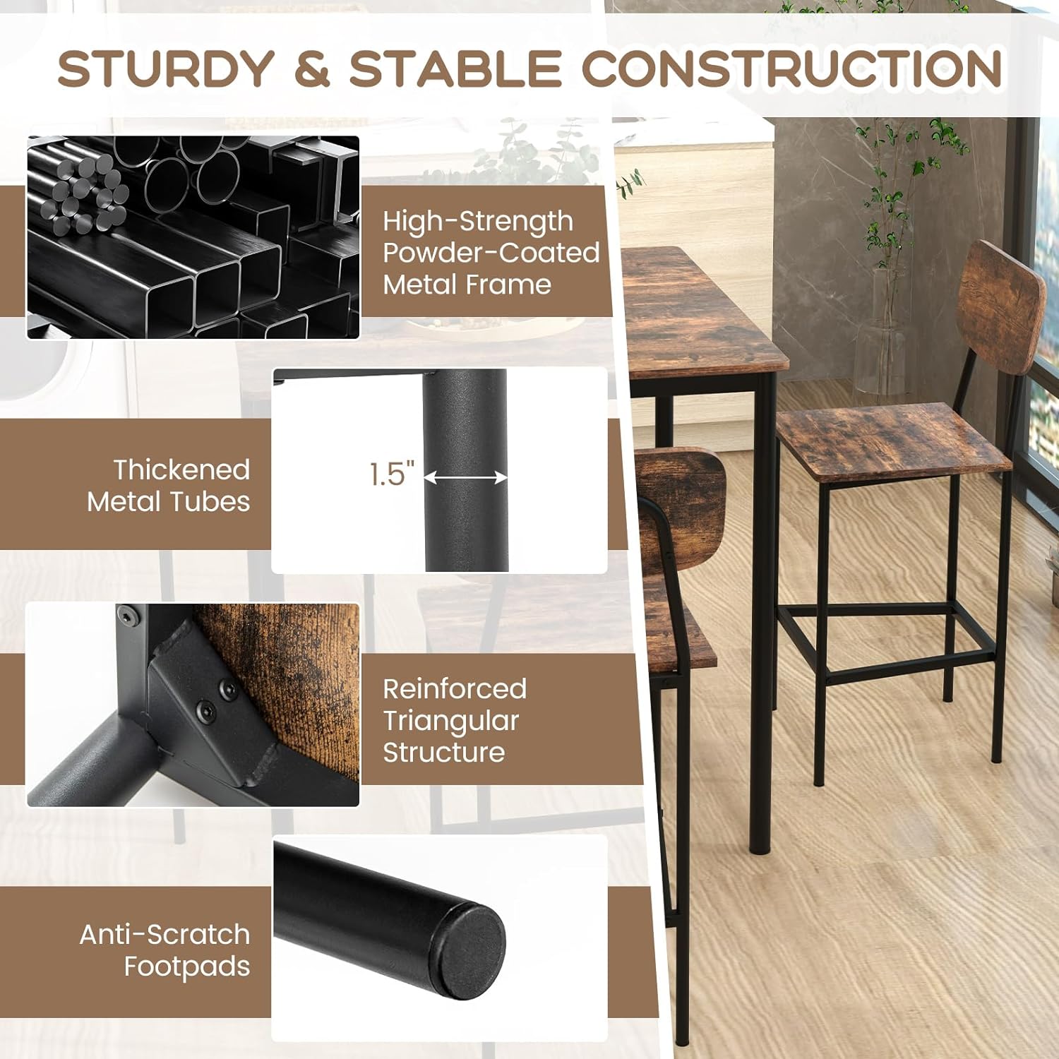 Juego de mesa de comedor de 5 piezas con mesa de altura y 4 taburetes de bar, juego de comedor industrial de cocina con reposapiés y respaldo, juego de comedor que ahorra espacio para pub,