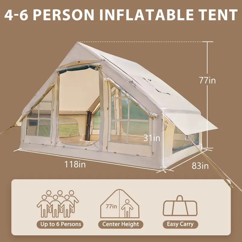 Coche de campaña inflable con bomba - Tiendas de glamping de aire, fácil de montar, tienda inflable impermeable de Oxford, tienda de cabina de 4-6 personas con ventana de chimenea y malla