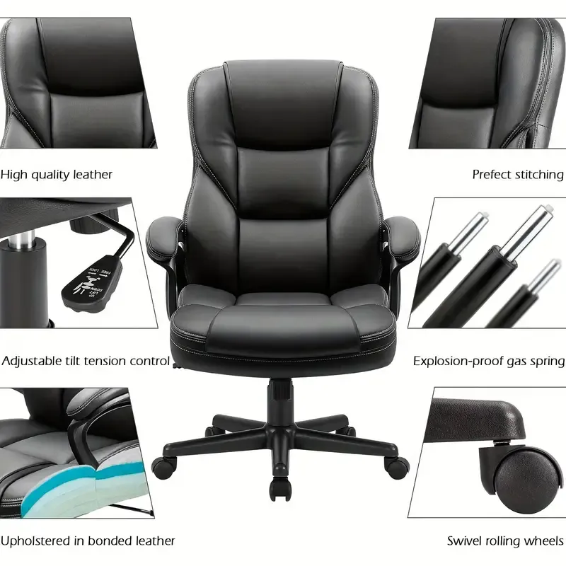 1 ud Silla Ejecutiva Ergo - Lujoso Cuero Sintético, Reposabrazos Ajustables, Soporte Lumbar, Giro de 360°, Función de Inclinación 90°-120°, Altura Ajustable 17.2"-21.2", Respaldo de 24.8", Acabado Negro Elegante