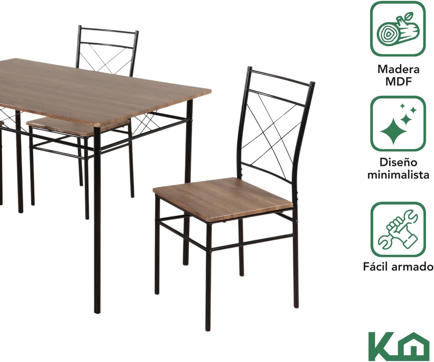 Kingshouse | Mesa de Comedor con 4 Sillas – Mesa de Madera MDF para 4 Personas – Estructura metálica – Moderna Minimalista – Juego de Mesa + 4 Sillas – Muebles para Cocina Restaurante y Cafeterías