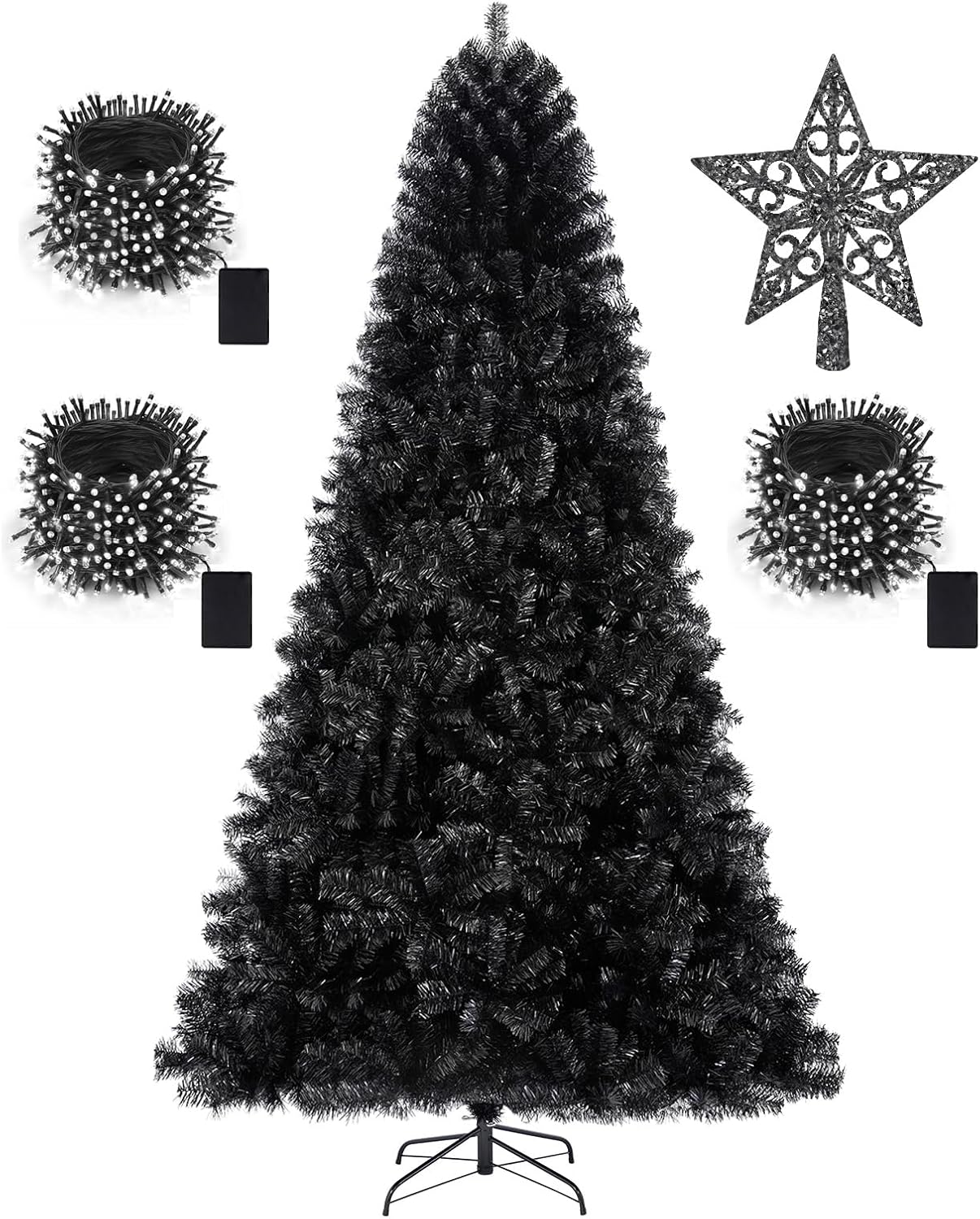 KTKDE Árbol de Navidad artificial de abeto de 7 pies, árbol de Navidad verde realista con 1.450 puntas de árbol, 300 postes de luz LED alimentados por pilas, pentáculo dorado de 7.8 pulgadas, perfecto