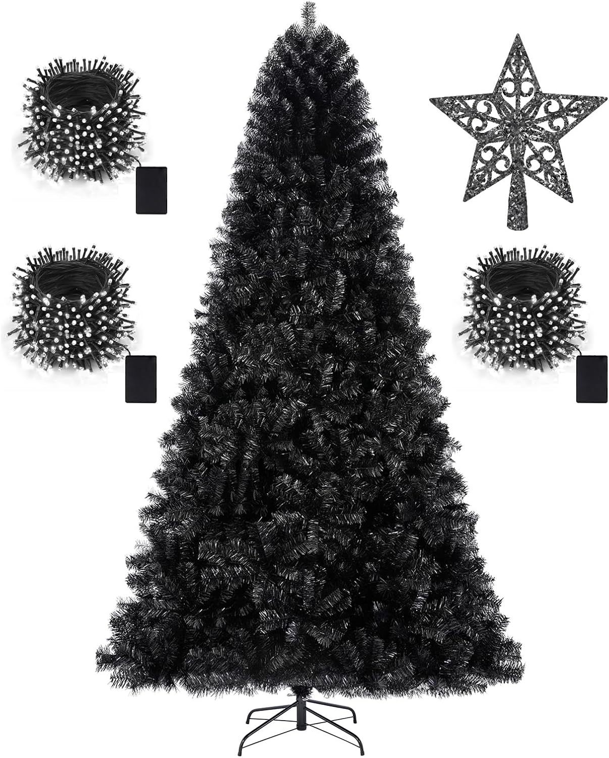 KTKDE Árbol de Navidad artificial de abeto de 7 pies, árbol de Navidad verde realista con 1.450 puntas de árbol, 300 postes de luz LED alimentados por pilas, pentáculo dorado de 7.8 pulgadas, perfecto