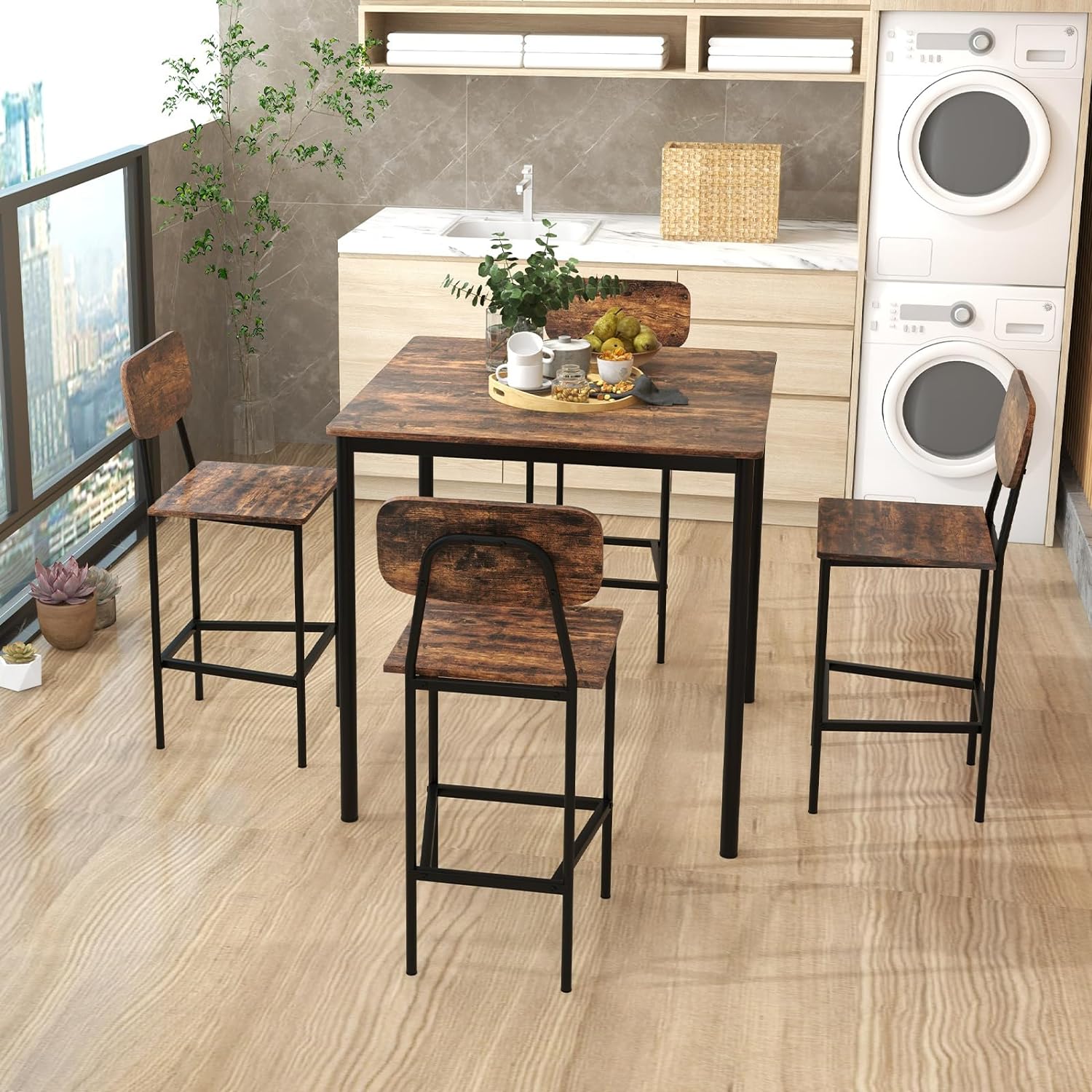 Juego de mesa de comedor de 5 piezas con mesa de altura y 4 taburetes de bar, juego de comedor industrial de cocina con reposapiés y respaldo, juego de comedor que ahorra espacio para pub,