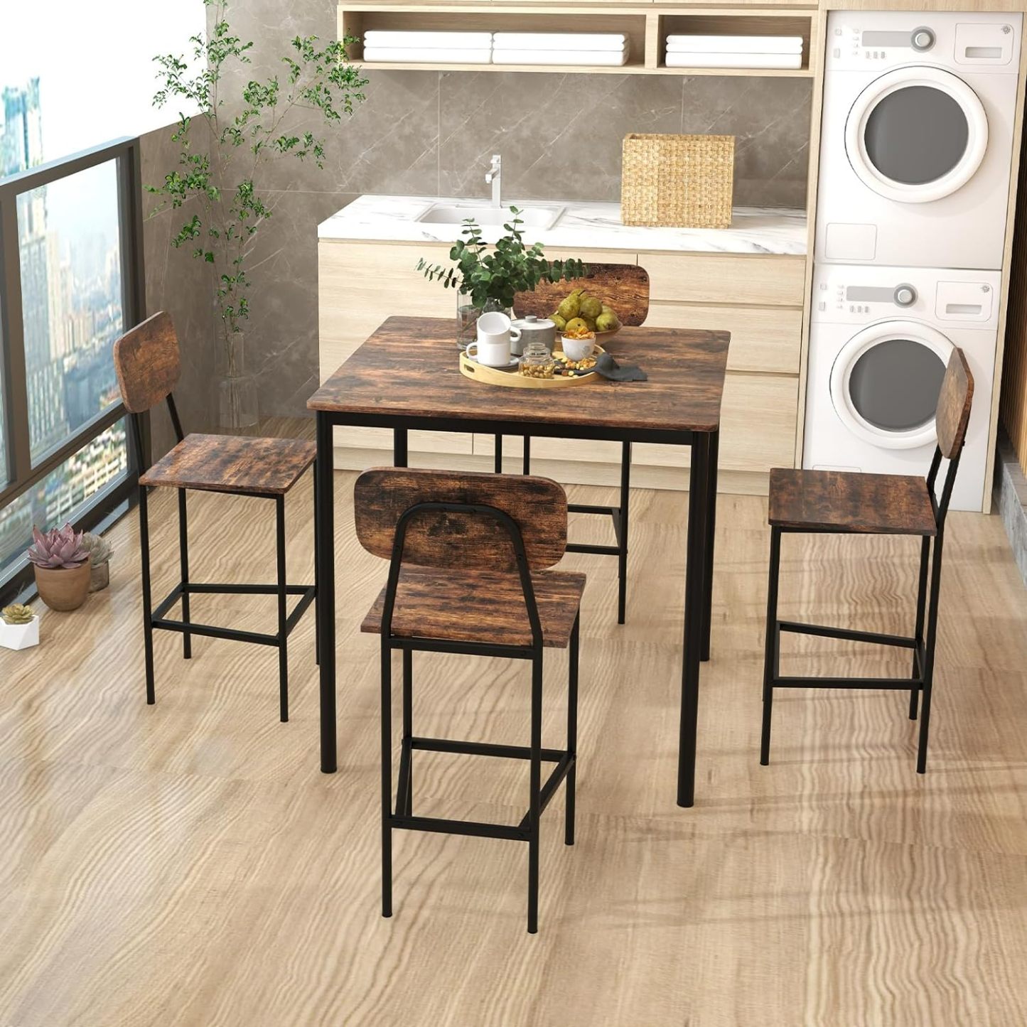Juego de mesa de comedor de 5 piezas con mesa de altura y 4 taburetes de bar, juego de comedor industrial de cocina con reposapiés y respaldo, juego de comedor que ahorra espacio para pub,