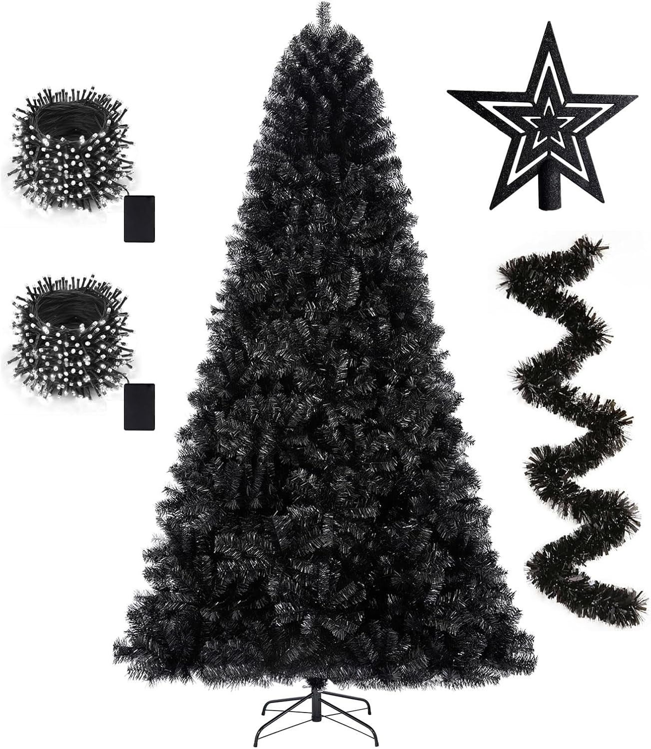 KTKDE Árbol de Navidad artificial de abeto de 7 pies, árbol de Navidad verde realista con 1.450 puntas de árbol, 300 postes de luz LED alimentados por pilas, pentáculo dorado de 7.8 pulgadas, perfecto