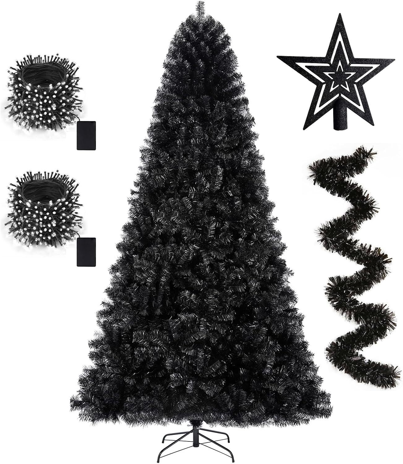 KTKDE Árbol de Navidad artificial de abeto de 7 pies, árbol de Navidad verde realista con 1.450 puntas de árbol, 300 postes de luz LED alimentados por pilas, pentáculo dorado de 7.8 pulgadas, perfecto