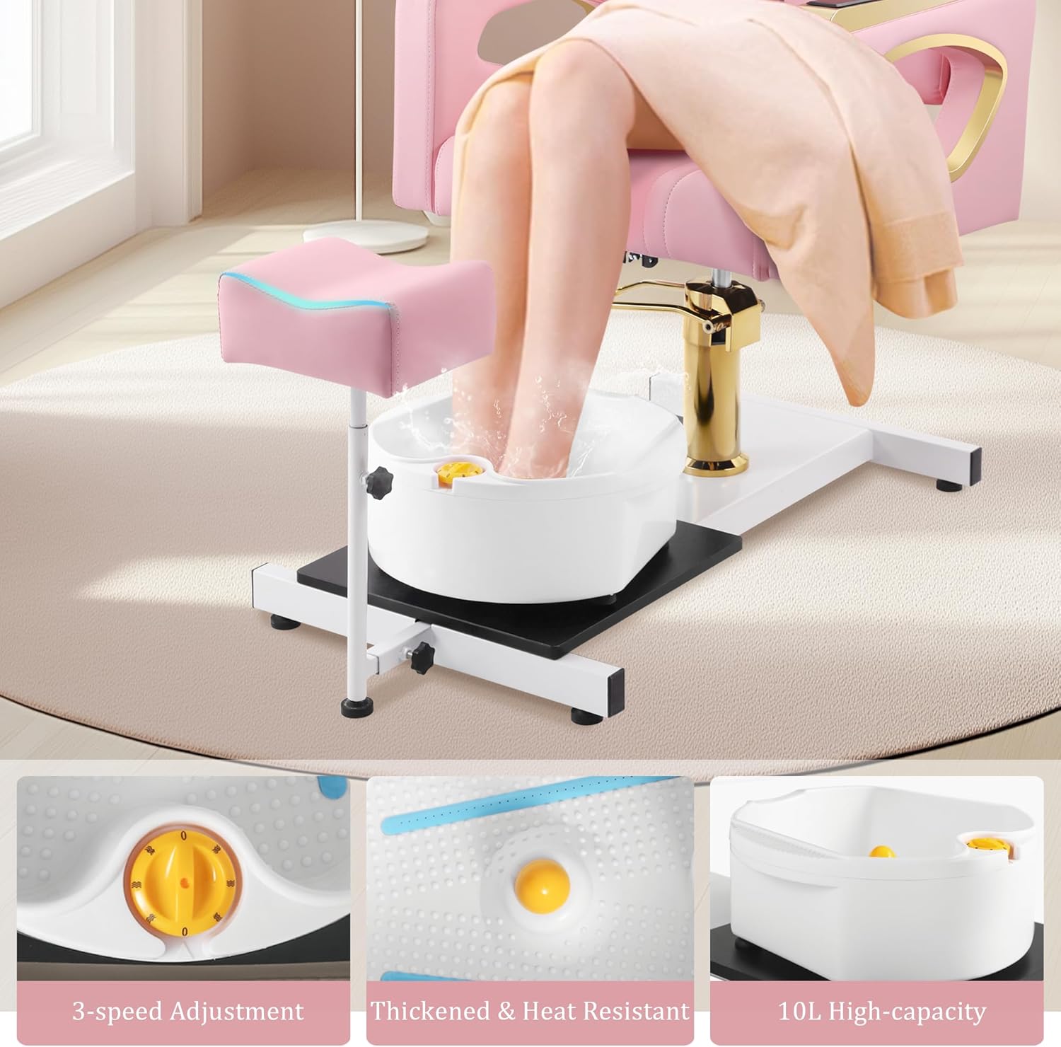 Hicomony - Silla de pedicura de spa rosa sin fontanería para tecnología de uñas, taburete de pedicura rodante, rotación de 360 °, unidad portátil de estación de pedicura de belleza, spa, sala de estar