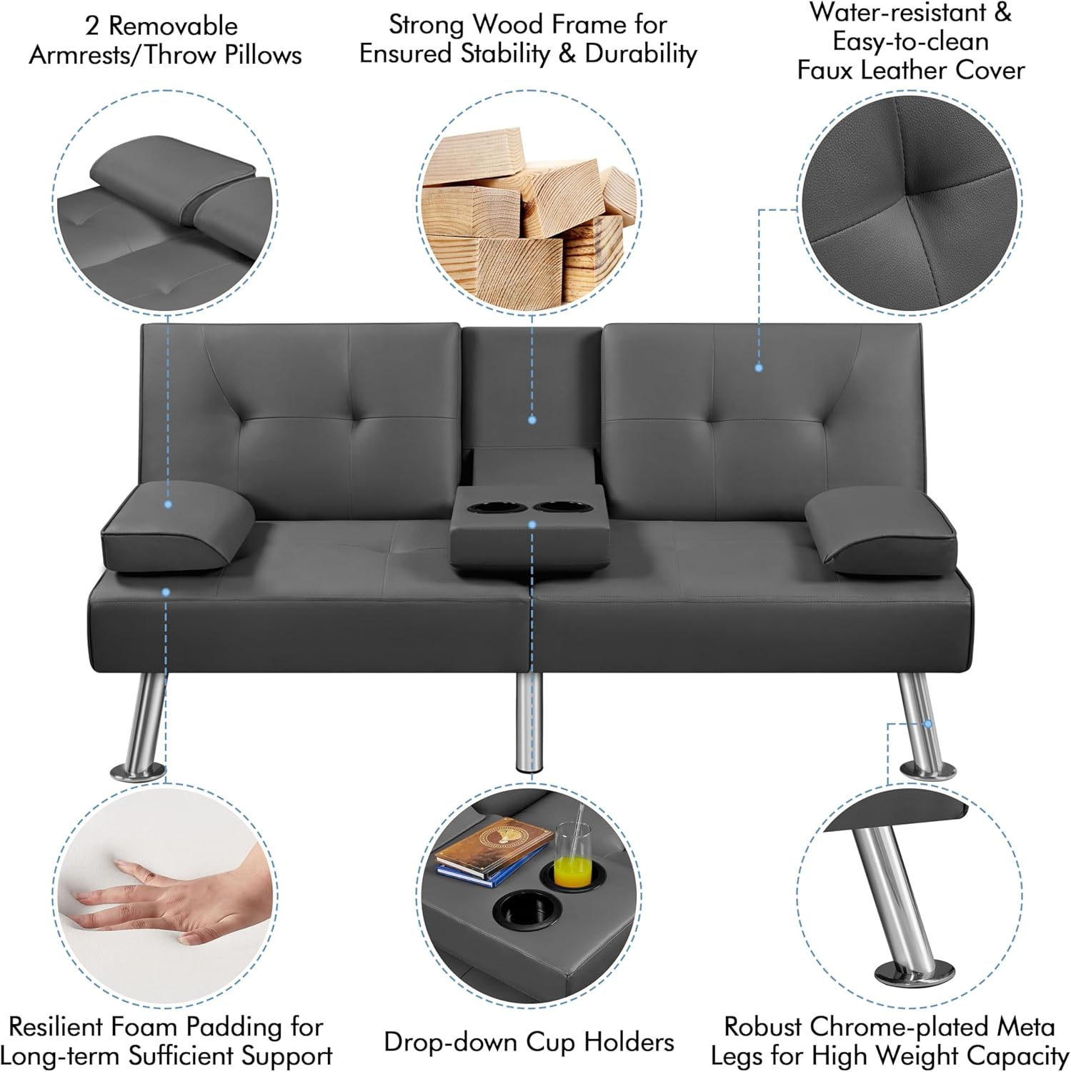 Yaheetech - Sofá Cama Convertible Ajustable, Moderno sillón reclinable de Piel sintética Reversible, sofá Cama Plegable, reposabrazos extraíbles, portavasos, 3 ángulos, Capacidad de 700 Libras, Color