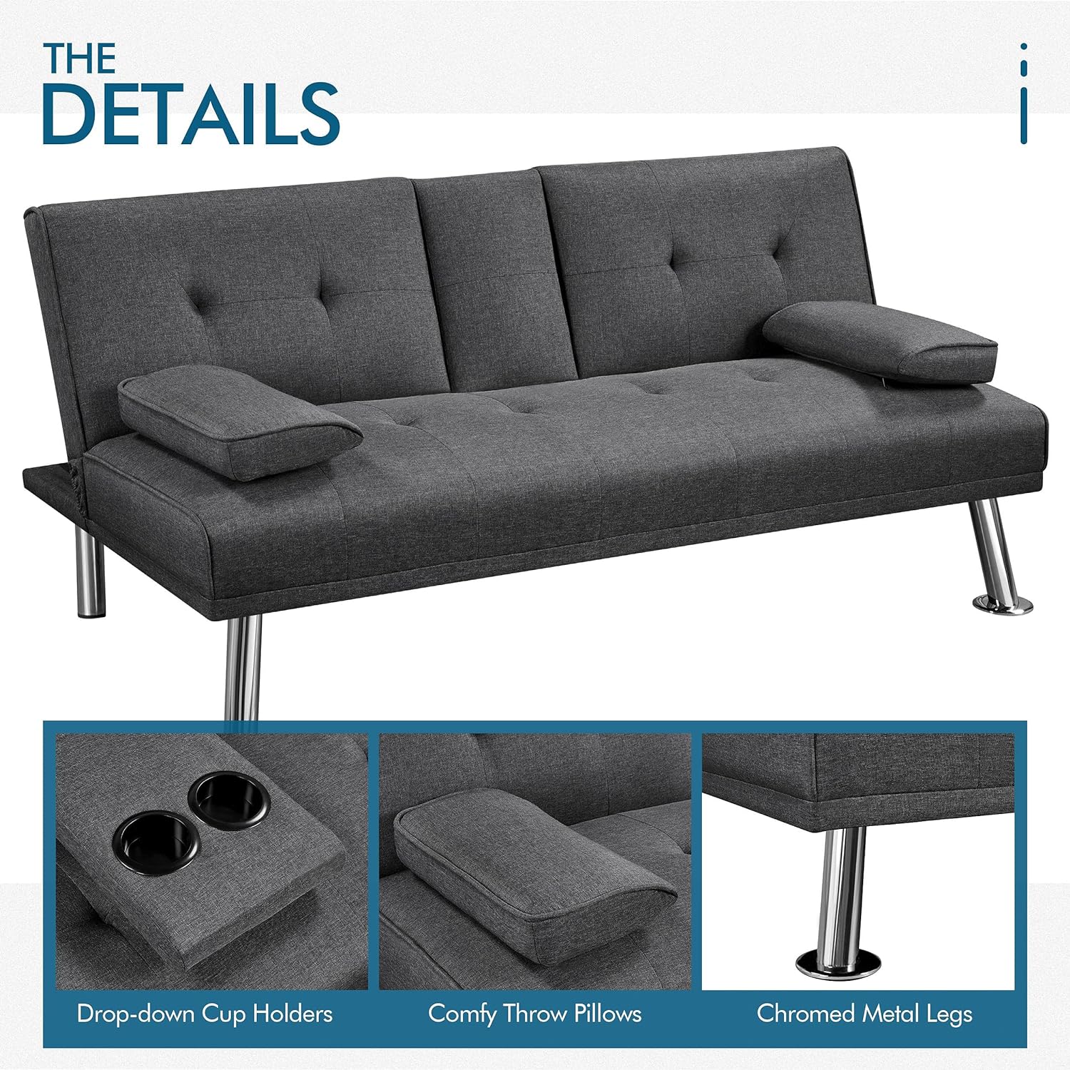 Yaheetech - Sofá cama convertible de tela de lino reclinable, con portavasos y reposabrazos extraíbles, soporta 350 kg