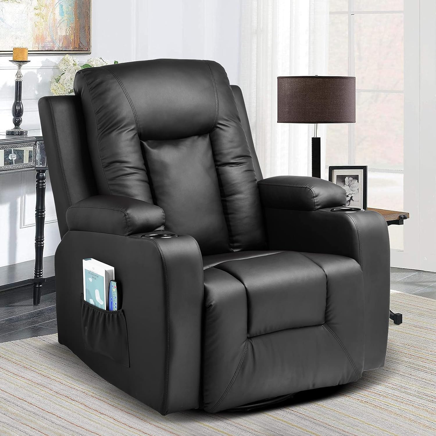 COMHOMA - Silla reclinable giratoria, mecedora de poliuretano para adultos, con masaje y calor, portavasos, bolsillos laterales, para sala de estar y recámara