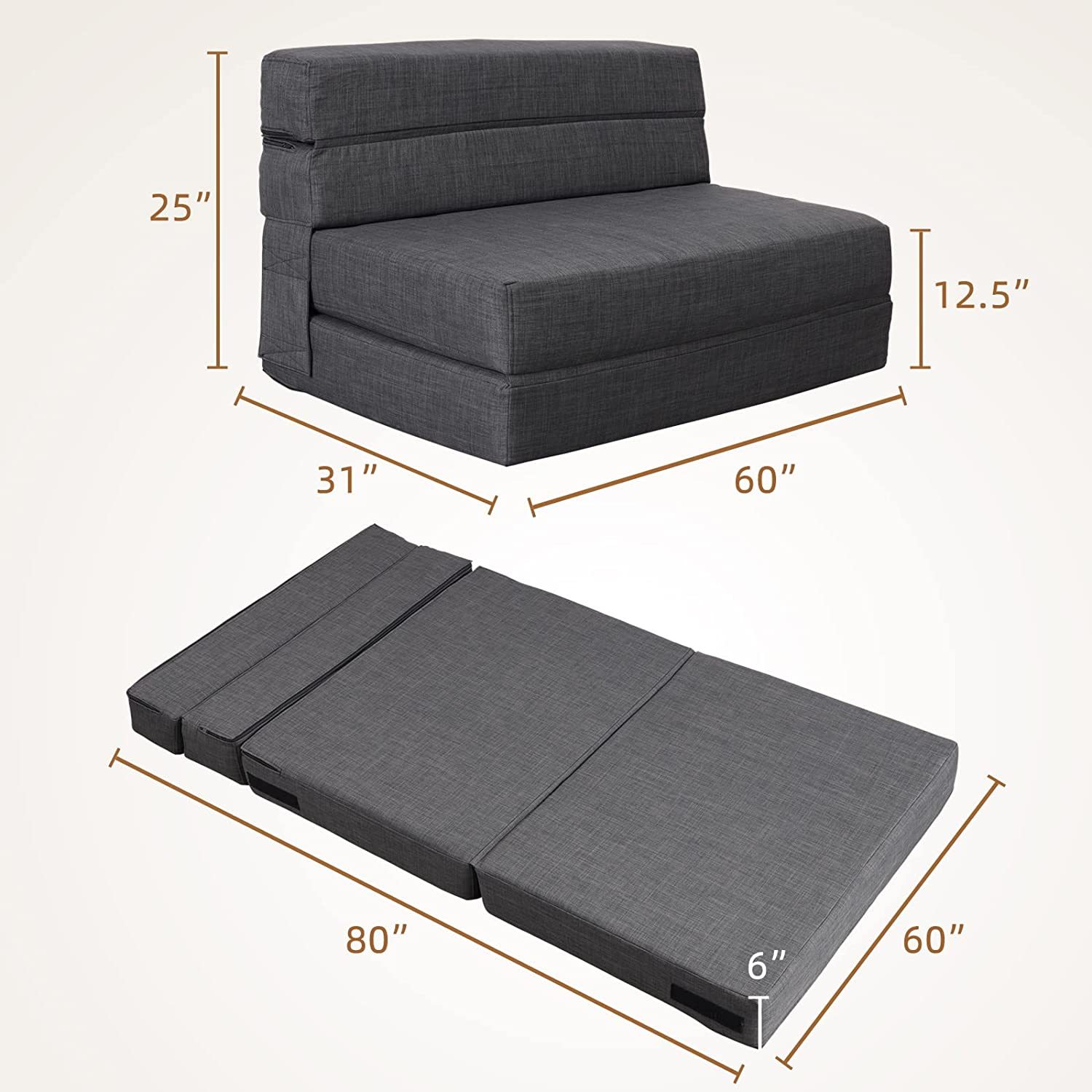 Nigoone - Sofá plegable tamaño Queen de espuma viscoelástica con 2 almohadas, sillón perezoso, triple futón, camas convertibles, funda lavable, gris oscuro