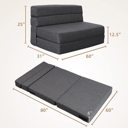 Nigoone - Sofá plegable tamaño Queen de espuma viscoelástica con 2 almohadas, sillón perezoso, triple futón, camas convertibles, funda lavable, gris oscuro