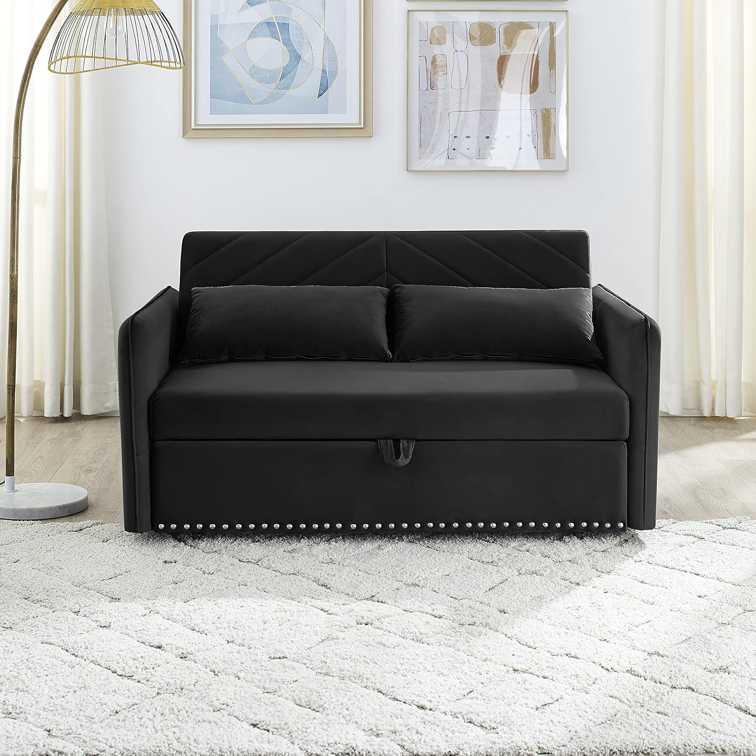 Miscoos - Sofá Cama de Terciopelo con Puerto USB 3 en 1 Ajustable, tirón, 2 Almohadas Lumbar, Bolsillo Lateral, Adecuado para Sala de Estar, recámara, Color Negro