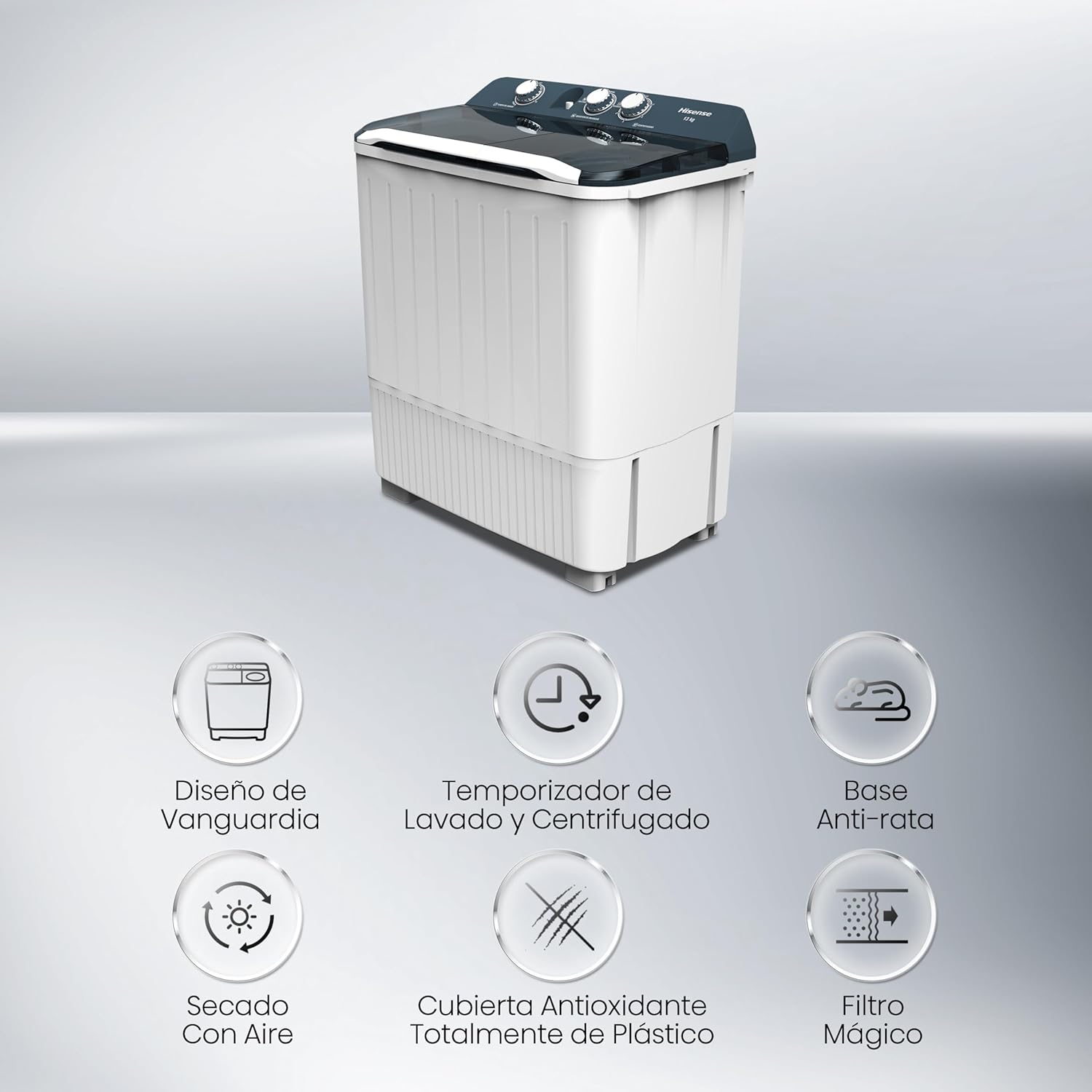 Hisense WSA1102PCN Lavadora Semiautomätica Doble Tina 11 Kg, Blanco/Gris