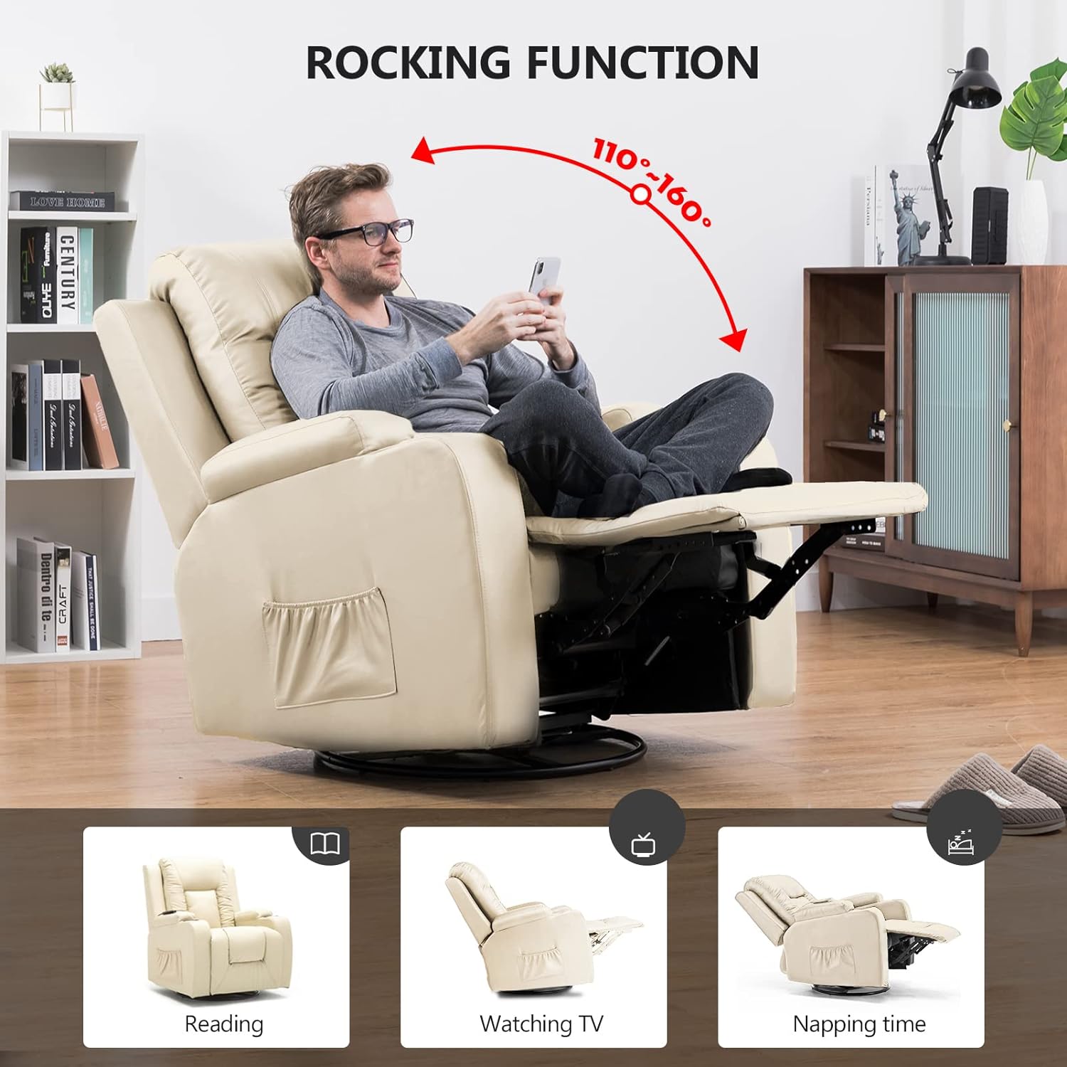 COMHOMA - Silla reclinable giratoria, mecedora de poliuretano para adultos, con masaje y calor, portavasos, bolsillos laterales, para sala de estar y recámara