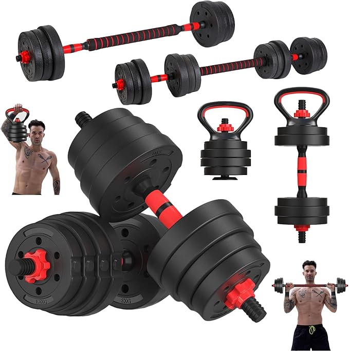 Kit de Pesas y Mancuernas Regulables, Múltiples Opciones 10/20/30/40Kg, con Barra Adicional para Ejercicio en Casa Multi Usos, Set de Mancuernas Ajustables con Varilla de Conexión, con Discos de Pesas Gimnasio