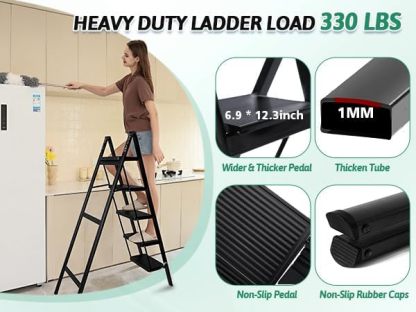 Escalera plegable de 5 peldaños de carga de 350 libras para el hogar/interior, escalera alta de cocina/clóset para adultos, escalera ligera compacta con pedal ancho antideslizante, color