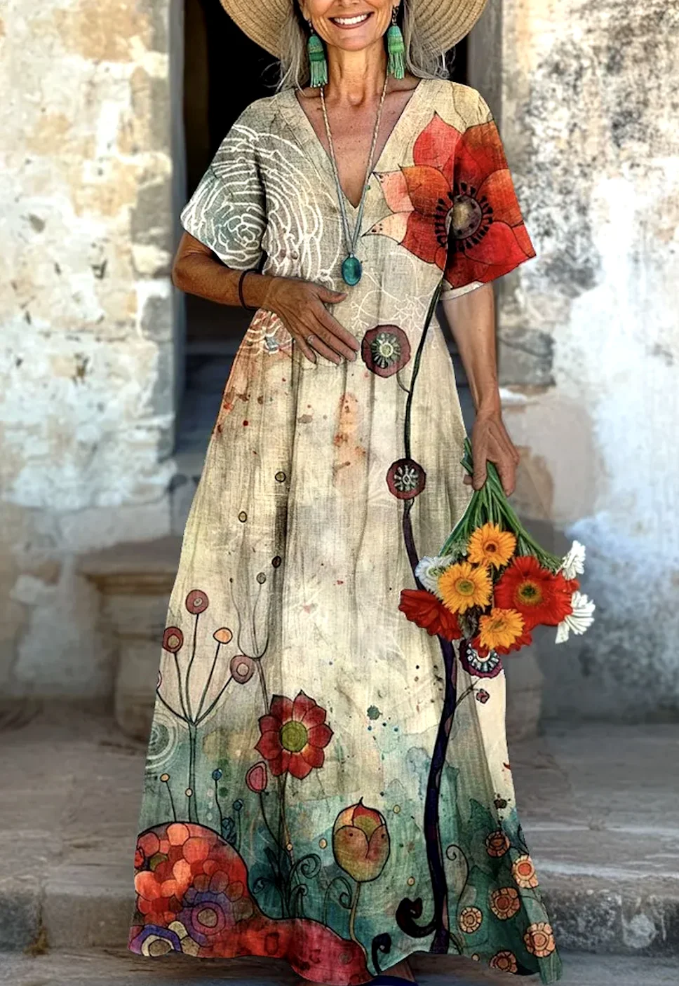 V Neck Casual Cotton Floral Dress