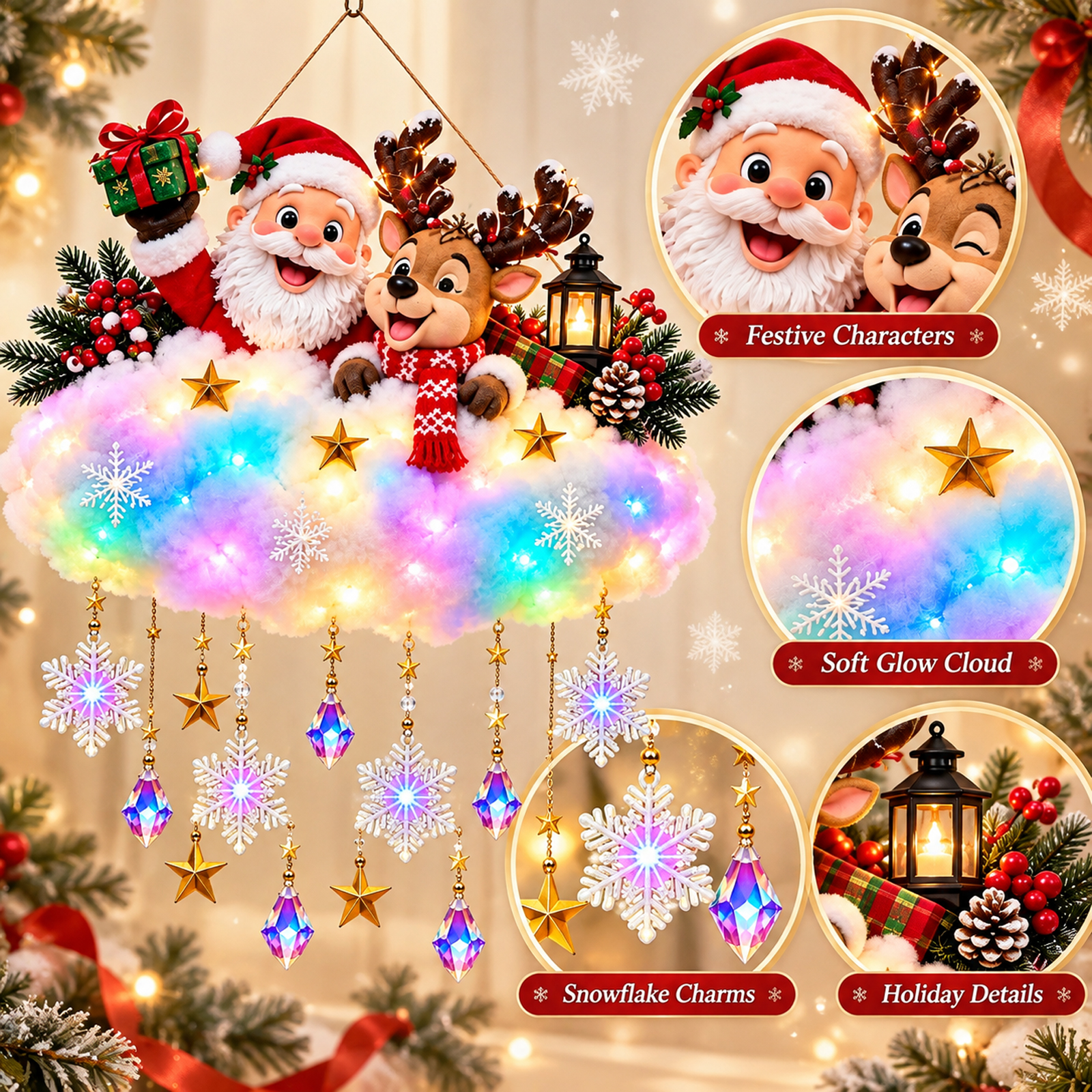 Christmas Snowfall Cloud Wall Decor, Lighted Snowfall Hanging Ornament with Warm White LED Lights for Door Window Porch